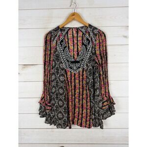 Free People Top Small Multiolor Floral Geometric Print V-Neck Bell Sleeve Tunic